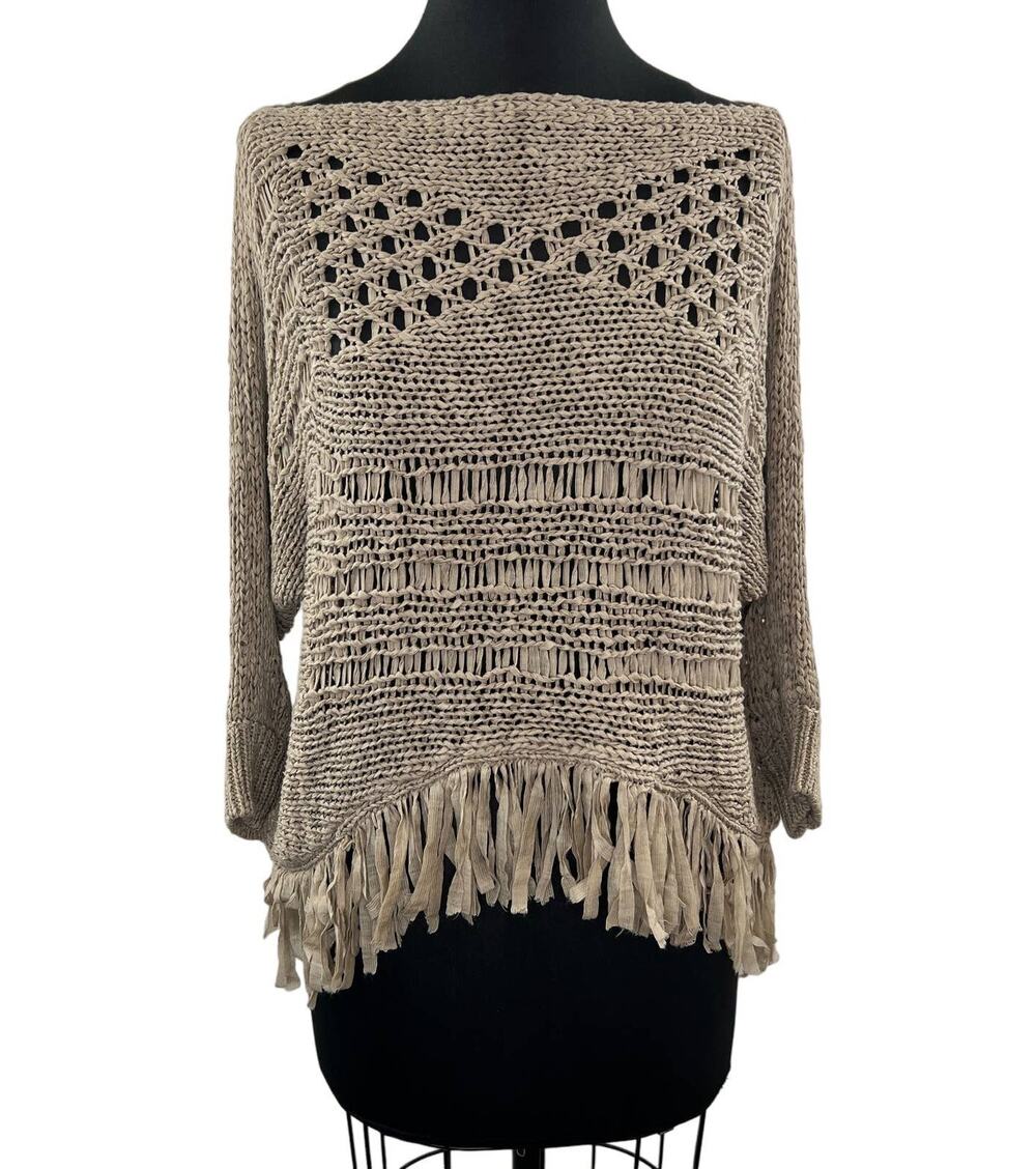 Albert Makali Beige Fringe Ribbon Open-Knit Boat Neck 3/4 Sleeve Sweater Top M